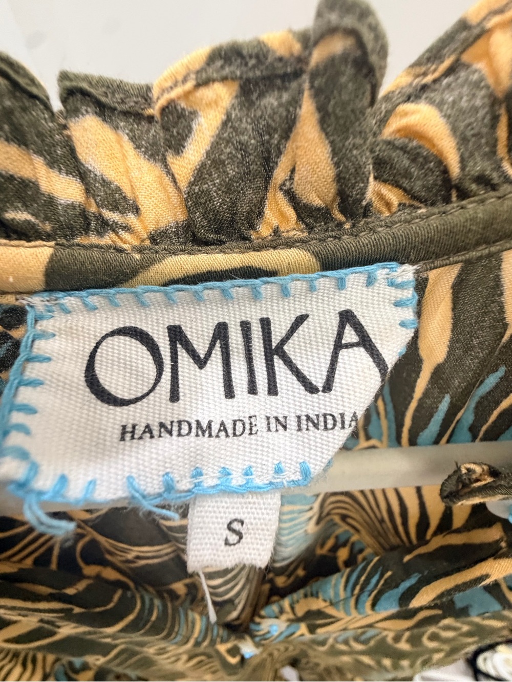 Omika Olive Floral Midi Dress with Tan and Blue Accents - Picture 3 of 3